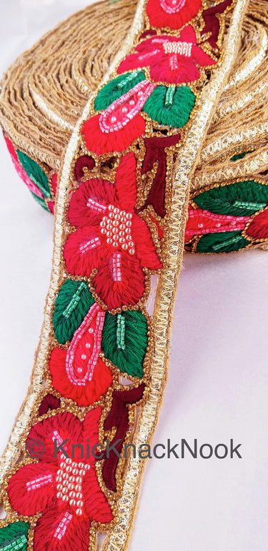 Red Hand Embroidered Cutwork Floral Trim Wedding Beaded Sash Bridal Belt Decorative, Indian Sari Border, Costume Trim